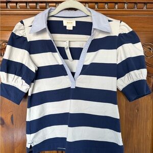 Maeve Navy and White Striped Polo with Puff Sleeves